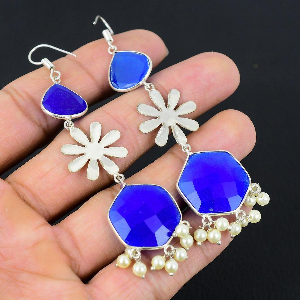 Sterling Silver Natural Blue Sapphire Birthday Dangling Wife Earrings Jewelry