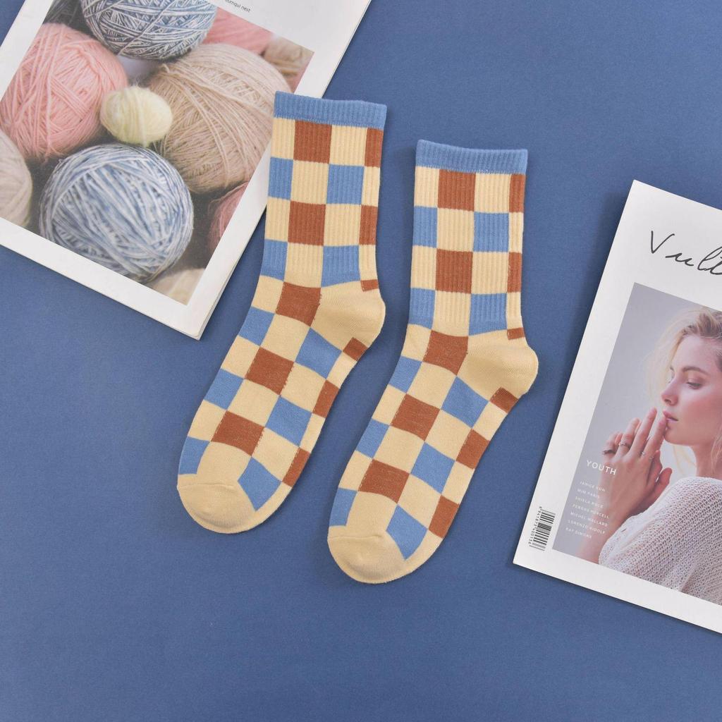 New Women's Blue Plaid College Style Couple Socks - Trendy Japanese Mid-Tube Autumn/Winter Socks