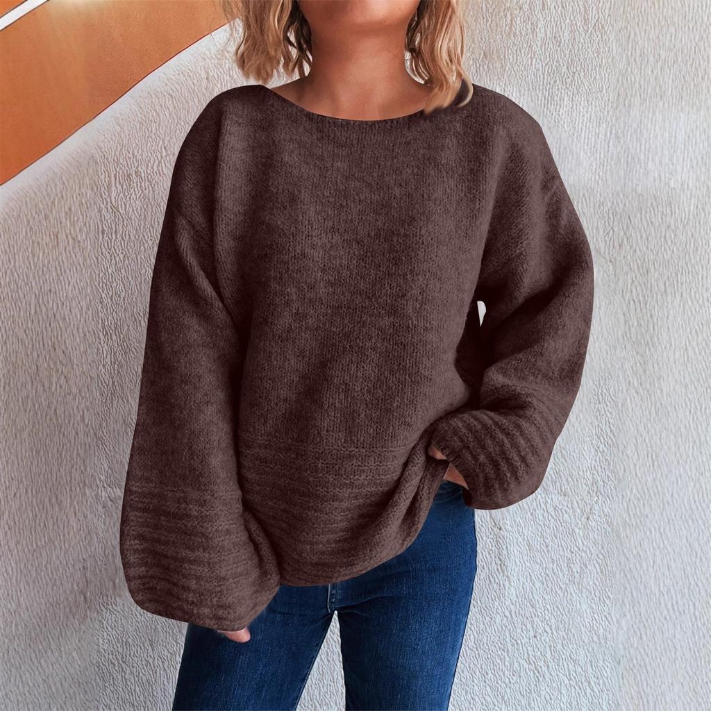 Dámský jednobarevný ležérní volný pletený svetr s kulatým výstřihem a dlouhým rukávem