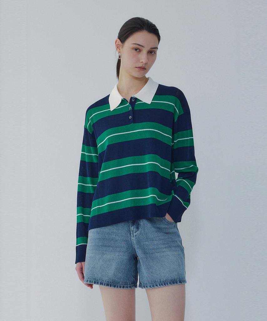 Bobeu Stripe Pattern Collared Pullover_Green 7156250001