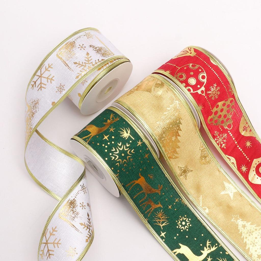 10 Yards/Roll 6.3cm Christmas Ribbons Wire Edge Gold Elk Snow Gold Hot Stamping Ribbon for DIY Bow Wreath 2027 Xmas Tree Decors