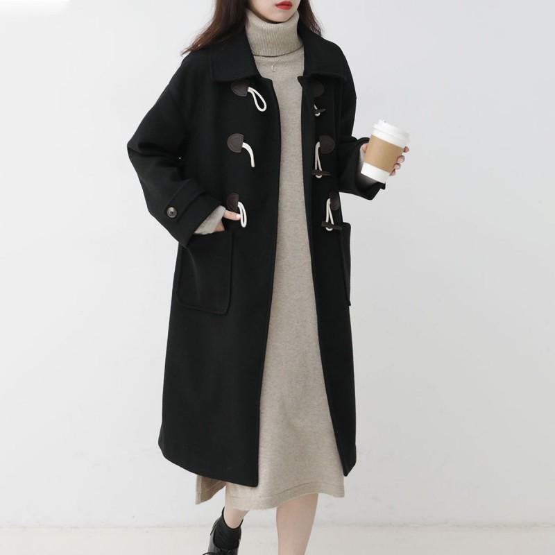 Womens Thick Wool Blend Coat With Horn Buttons Mid-Length Winter College Style