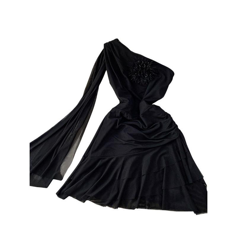 French Feminine Elegant Streamer Three-dimensional Flower Diagonal Collar Dress Women's Spring and Autumn Pure Desire Wind Mesh Ruffle Edge Skirt