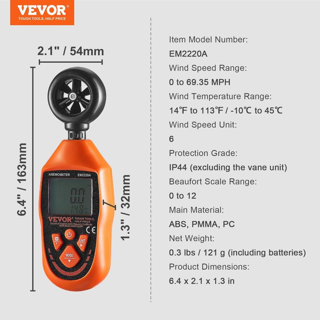 Ruční anemometr, 14℉-113℉, Digitální měřič rychlosti větru s LED podsvíceným displejem, Měří rychlost větru, teplotu větru, proudění vzduchu, pocitovou teplotu větru,