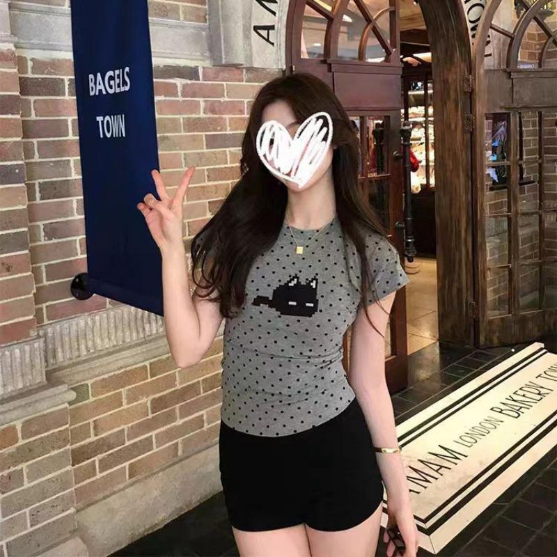 

Cat Polka Dots Right Shoulder Short Sleeve Female Cute Sweet Style Versatile Slim Hot Girl Niche Student Top S серый