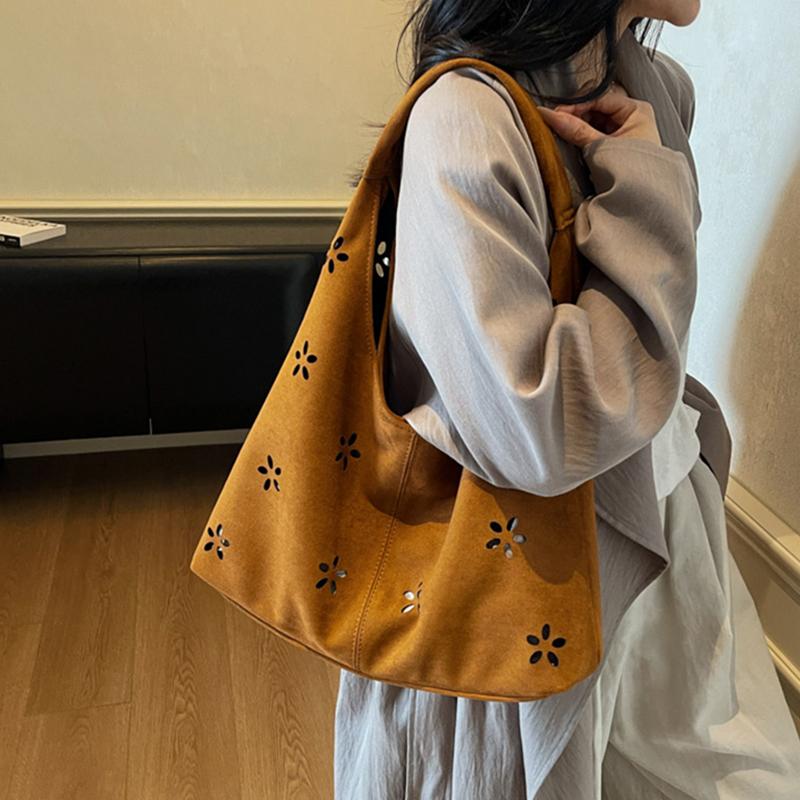 Faux Suede Women's Hollow Flower Shoulder Bags Matte Leather Female Underarm Bag Vintage Large Capacity Female Tote Handbags