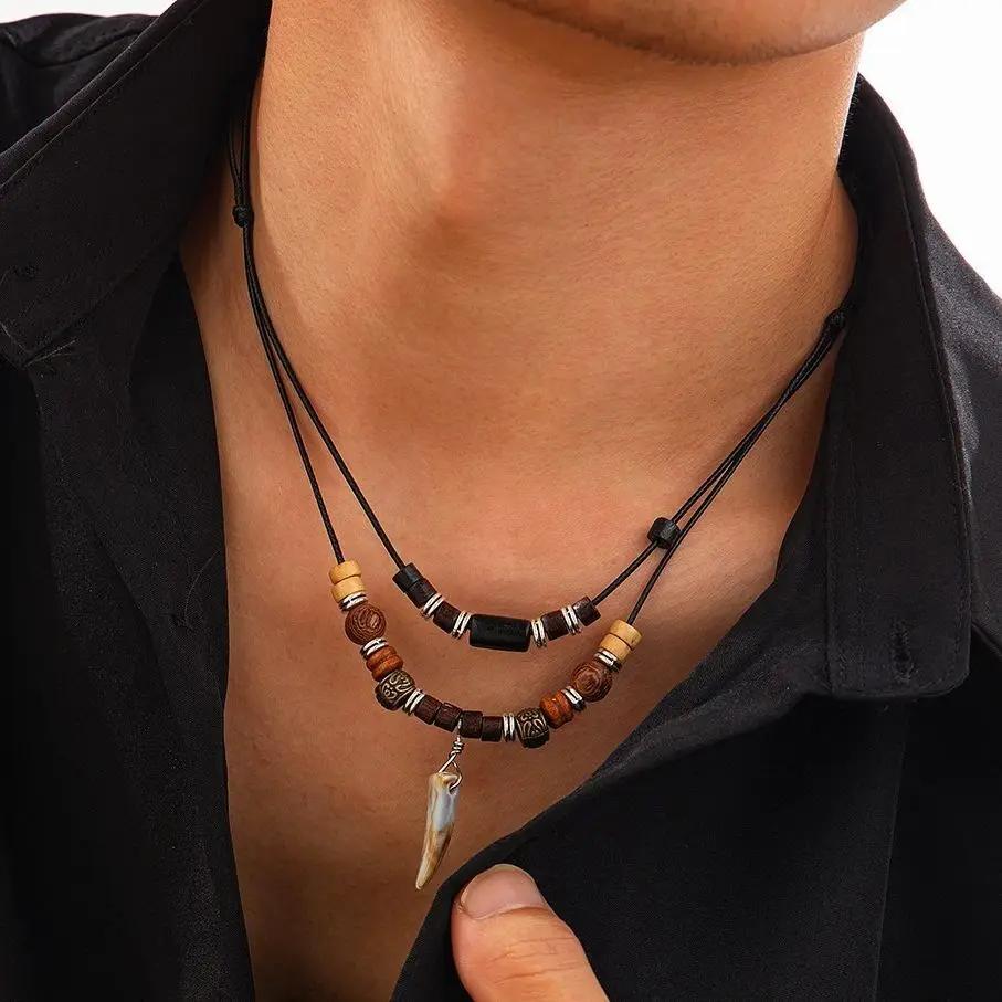 New 2Pcs/Set Ethnic Adjustable Wax Thread Rope Chain Necklace Men Trend Vintage Wolf Tooth Pendant Choker Male Neck Jewelry