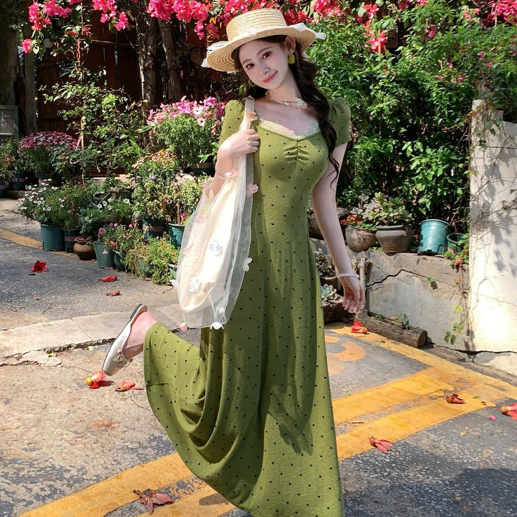 Green Polka Dot Square Neck Front Shoulder Short Sleeve Dress Women's Spring and Summer New Large Size Fat Mm Mori Retro Skirt