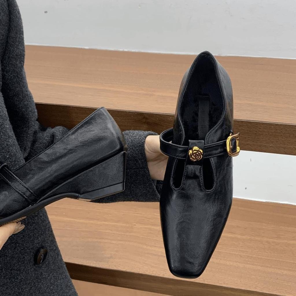 Black Fluffy Shoes Thick Heel Camellia Mary Jane Retro Small Leather Shoes Small Velvet Single Shoes Women's Cotton