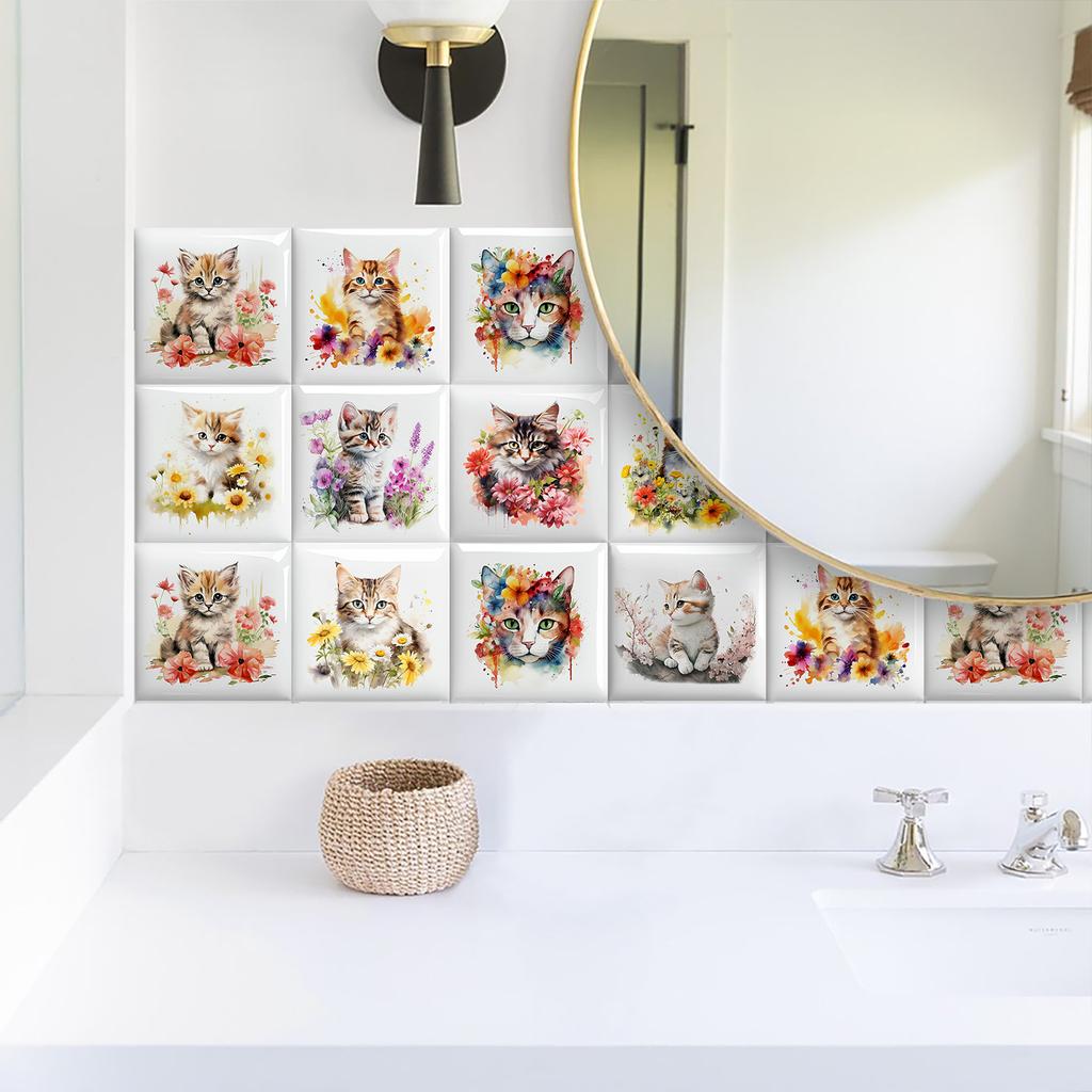 10Pcs Watercolor Flowers Cute Pet Wall Stickers Imitation Brick Bedroom Decoration Waterproof Self Adhesive Tile Wallpaper Kitchen Cupboard Decor