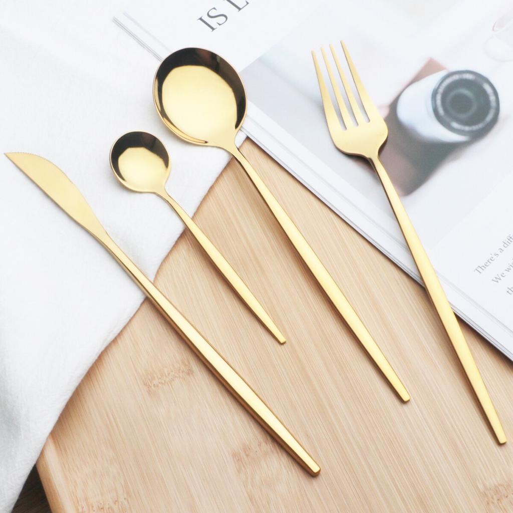 6pcs Gold Stainless Steel Dinnerware Cutlery Set Dinner Knife Cake Fruit Fork Coffee Spoon Mirror Polished Flatware Silverware Tableware Set