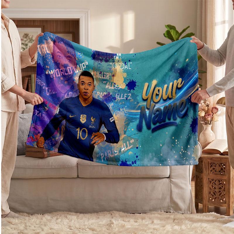 Coperta Personalizzata in Pile Kylian Mbappe con Logo Calcio, Testo Nome Personalizzato Morbida Calda Coperta da Divano per la Casa