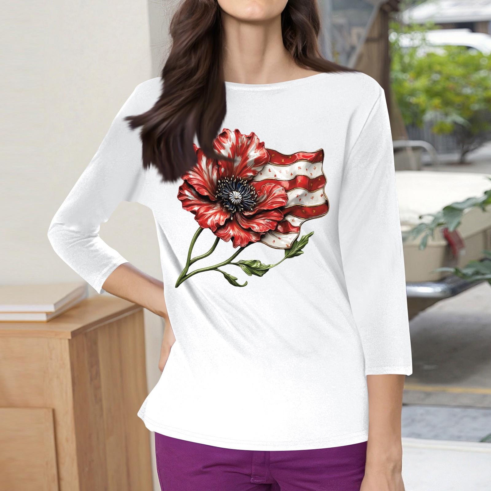 

Топы с рукавами 3/4 для женщин, футболка, повседневные топы с принтом, футболка, пуловер с круглым вырезом, блузка XXL красный