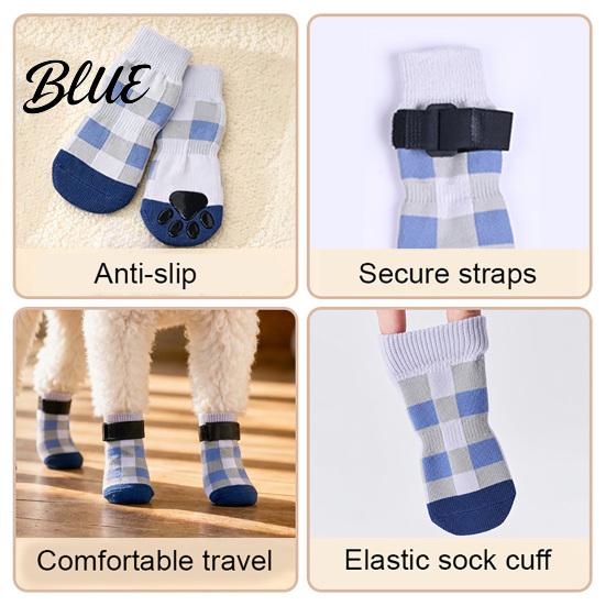 Durable Cotton Socks for Dogs 4Pcs Plaid Dog Socks Anti-Slip Pet Paw Covers with Adjustable Pattern Straps Breathable Ribbed Protectors Indoor