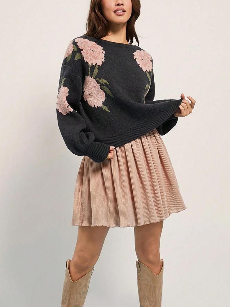 2026 Autumn/Winter Floral Jacquard Women's Loose Casual Knit Sweater