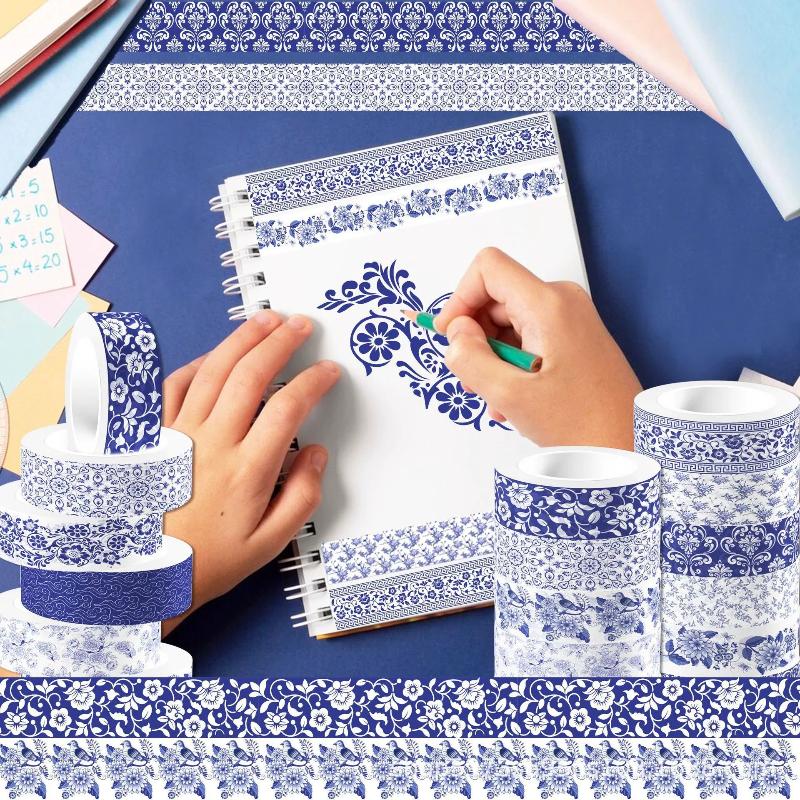 Blue & White Washi Tape Set; Pretty Chinoiserie Designs; 12 Rolls! Decorative Tape; Journaling, Scrapbooking