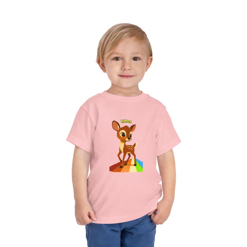 KidsCo Premium Fashion Collection - Vintage Cartoon Fawn Toddler Tee | Retro Rainbow Steps 100