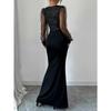 Vestido de Punto de Primavera y Otoño Elegante Sexy Cuello Alto Cintura Alta Ajustado Empalme de Lentejuelas Vestido Elástico