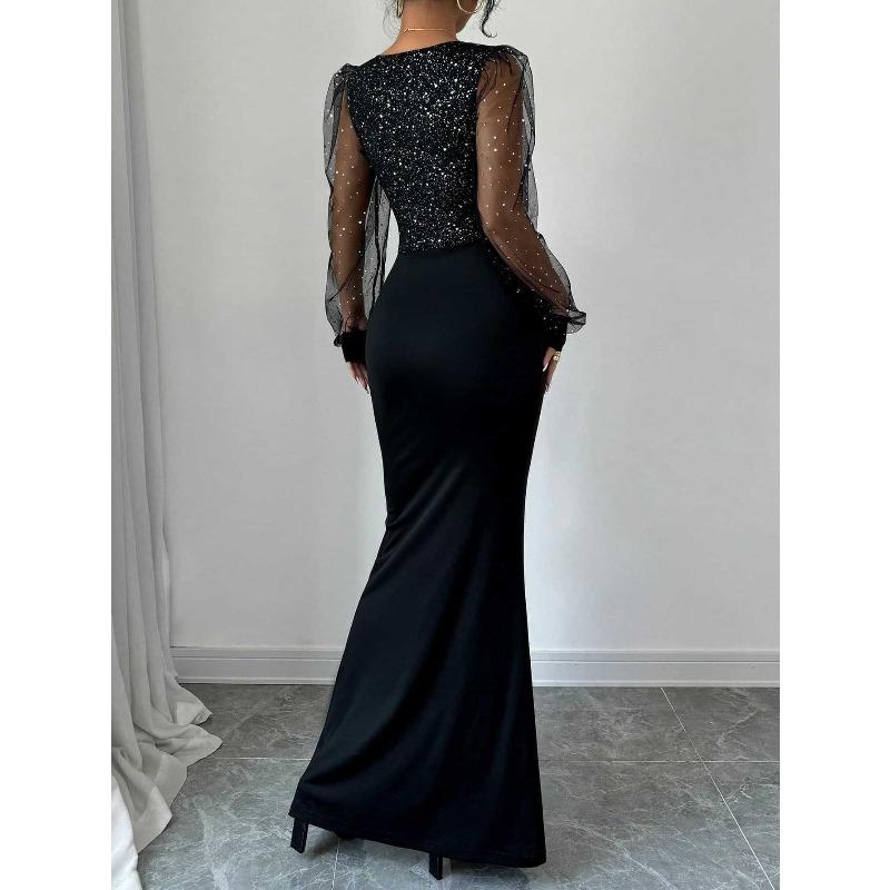 Vestido de Punto de Primavera y Otoño Elegante Sexy Cuello Alto Cintura Alta Ajustado Empalme de Lentejuelas Vestido Elástico