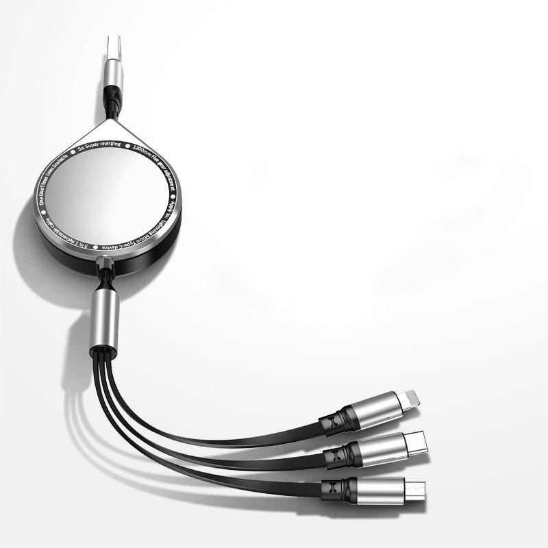 

Многофункциональный выдвижной USB-телефон 3 в 1, 5 А, кабель для быстрой зарядки и передачи данных для Iphone/Android/Type-C чёрный