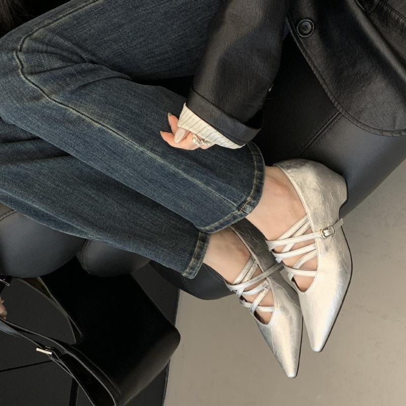 2025 new pointed retro thick heel Mary Jane shoes women's shoes cross strap single shoes