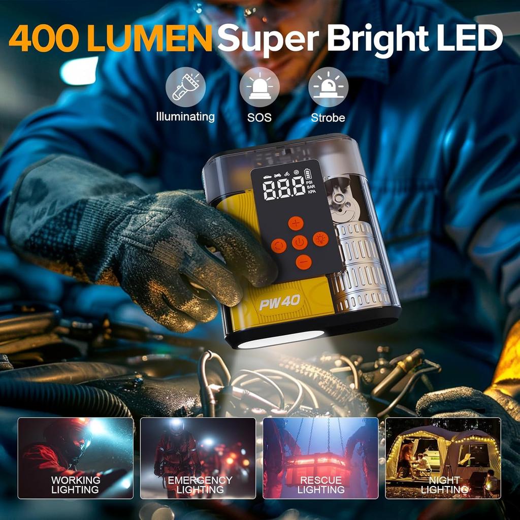 Jump Starter with Air Compressor, 4000A Peak, 200 PSI Tire Inflator, LED Light, USB Ports, Emergency Kit for Cars up to 9.0L Gas