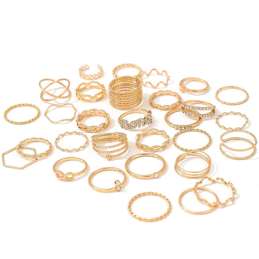 30Pcs/Set Boho Gold Color Wave Star Rings Set For Women Vintage Geometric Rhinestone Finger Rings Female Trendy Jewelry Gift