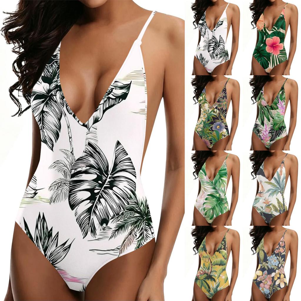 Women Swimsuit Tropical Print Deep V Neck Bathing Suit Adjustable Straps Backless Swimwear for Beach Pool Resort