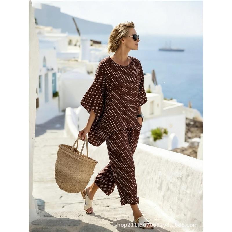 1116 New Bohemian Crew Neck 1D Full Printing Two-piece Set Women's Loose Casual Seaside Holiday Set
