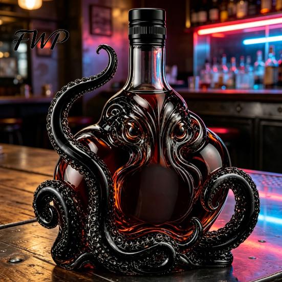 Octopus Wine Bottle 3D Whiskey Decanter, Nautical Art Collectible Bottle, 350ml Glass Unique Design Decorative Liquor Home Bar Decanter for