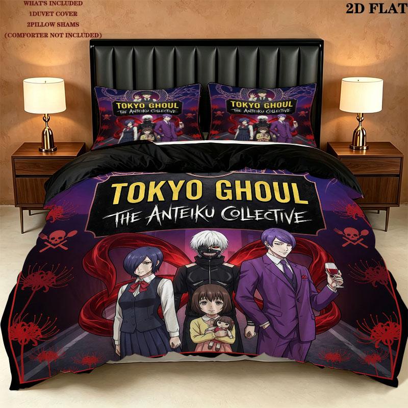 סט מצעים עם דוגמת Tokyo Ghoul, כיסוי שמיכה, ציפית לכרית, מתנת יום הולדת לבית(1 * כיסוי שמיכה + 2 * ציפות, ללא ליבה)