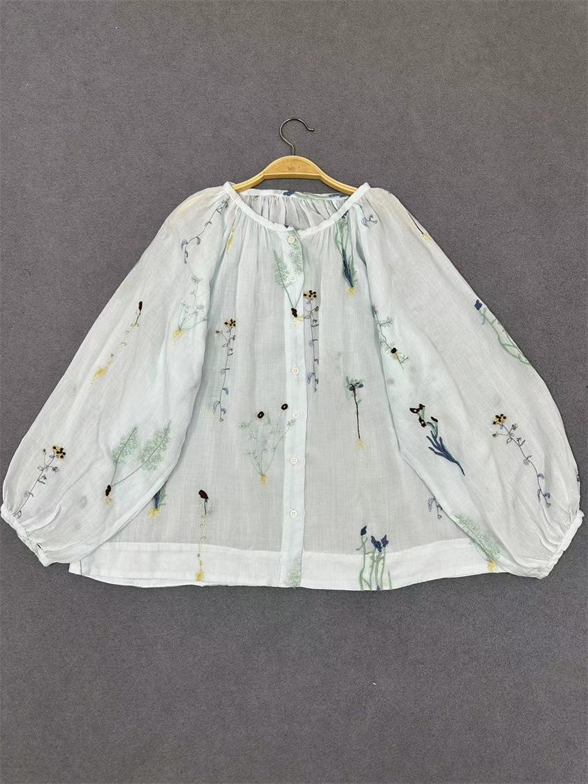 

Johnature корейские рубашки с круглым вырезом и рукавами-воздушными шарами, летние женские рубашки с вышивкой Mori, повседневные свободные тонкие топы One Size