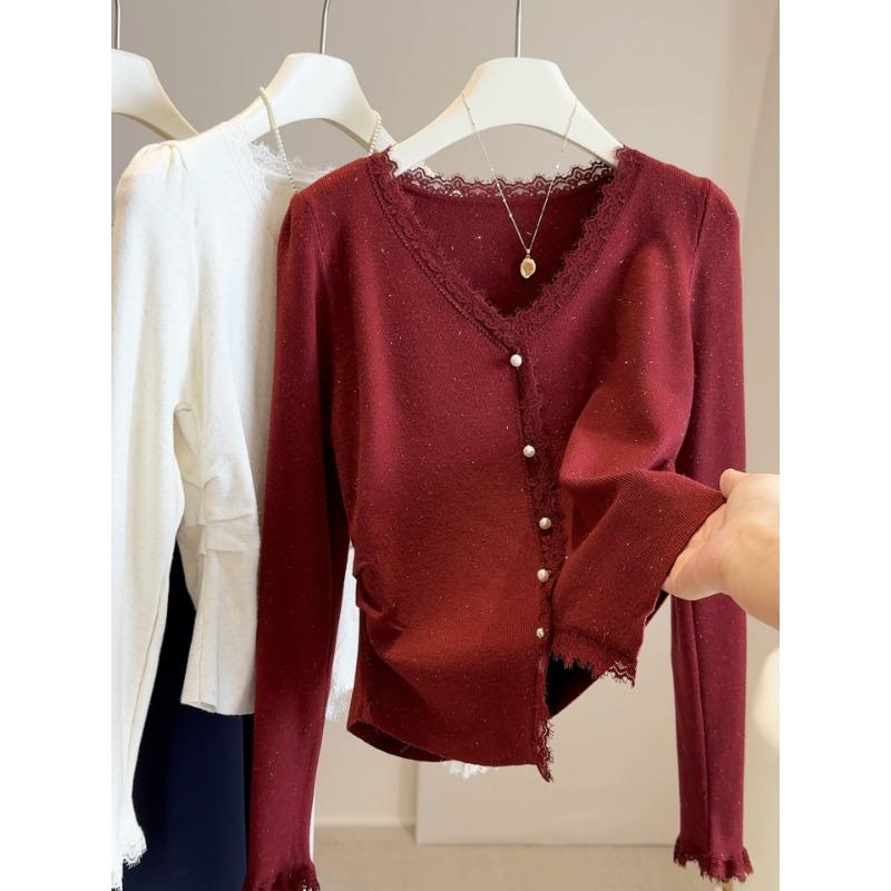 Glitter V-neck Sweater Women's Spring and Autumn New Lace Splicing Knitted Bottoming Sweater