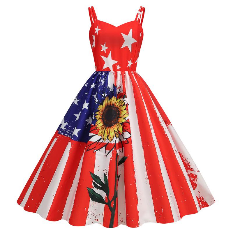 2023 Summer Independence Day Sexy Spaghetti Strap Swing Dress