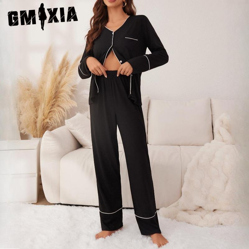 GMXIA Women's Homewear Autumn and Winter Cardigan Long-sleeved Trousers Two-piece Pajamas