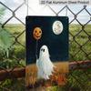 2D Flat Cute Ghost Holding Pumpkin Balloon Full Moon Vintage Metal Sign‑8.0x12.0inch Aluminum Wall Art, Farmhouse Halloween Porch Decor, Pre‑Drilled