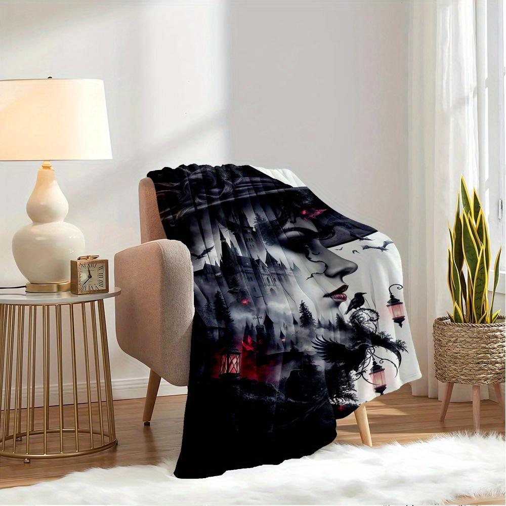 For Witch,Castle,Ravens-Themed Flannel Blanket, Glam Style, Digital Print, All-Season Comfort, Tear-Resistant, Knitted Craftsmanship, Polyes