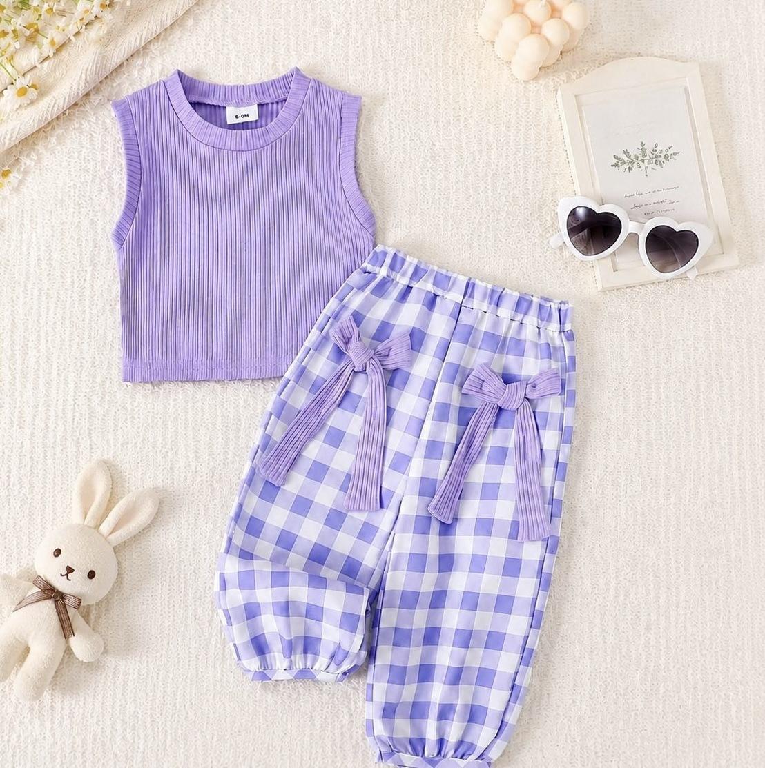 Summer Girls Fashion Set Korean Bow Tank Top And Plaid Casual Pants Baby Personalized Two Piece Outfit 90
