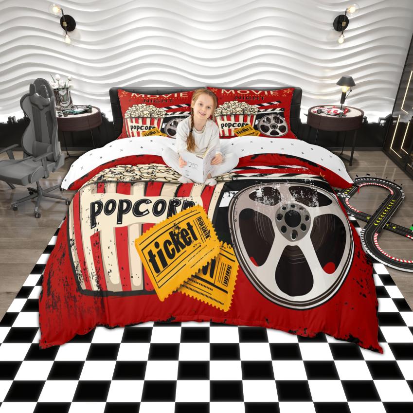 Homewish Retro Movie Duvet Cover Set Film Popcorn Bedding Set Cinema Theme Bedroom Set Room Decor