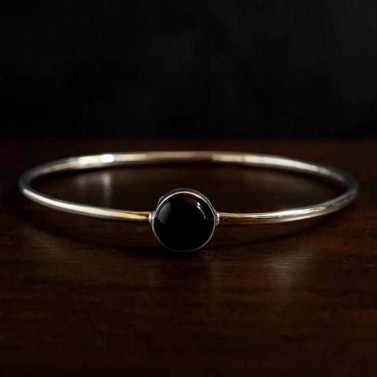925 Sterling Silver Bangle with Round Black Onyx: Handmade Gemstone Minimalist Bracelet for Women