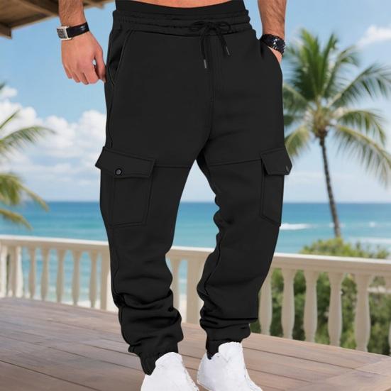 Men Winter Sweatpants Thickened Cargo Pants Warm Casual Baggy Trousers Drawstring Waist Jogger Pants