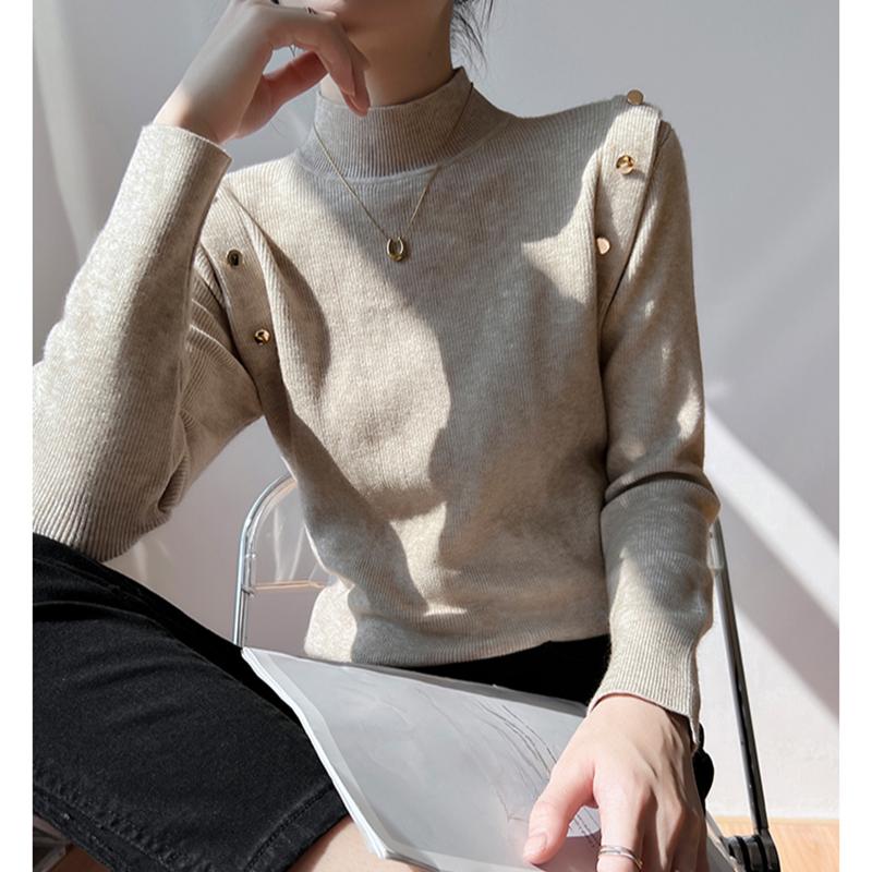 Pull Tricoté Élégant Mode Col Mi-Haut Uni Femmes Automne Décontracté Coupe Slim Manches Longues Pulls Femmes Tops Hiver Chaud Maille de Base 24880