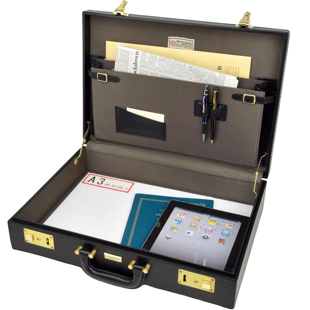 Schwarz, Hergestellt in Japan, Aktenkoffer, A3-kompatibel, Aktentasche, Handtasche, Leder, Hartschloss, Zahlenschloss, PC-Fach, Leicht, Herren, Schlank, Groß