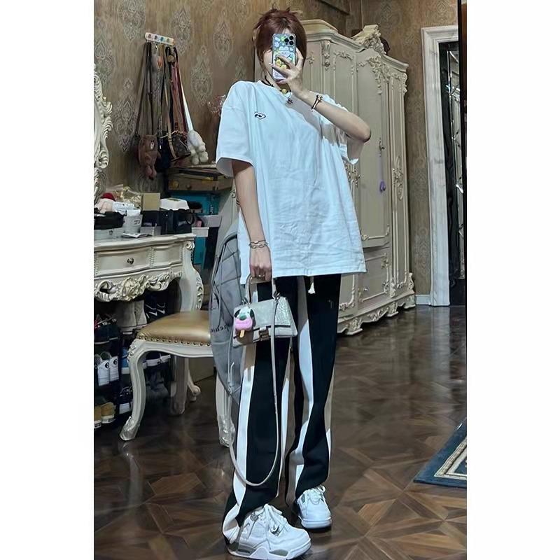 Black & White Side Stripe Wide-Leg Pants - Loose, Casual, Drape Floor-Length, Straight-Leg Sweatpants for Summer