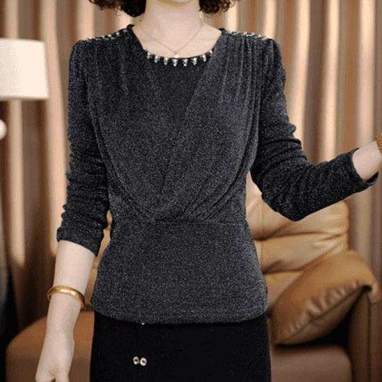 In Stock: Elegant Floral French Spring Blouse with Beaded Lace & Round Neck - Thickened Bright Silk Base Layer