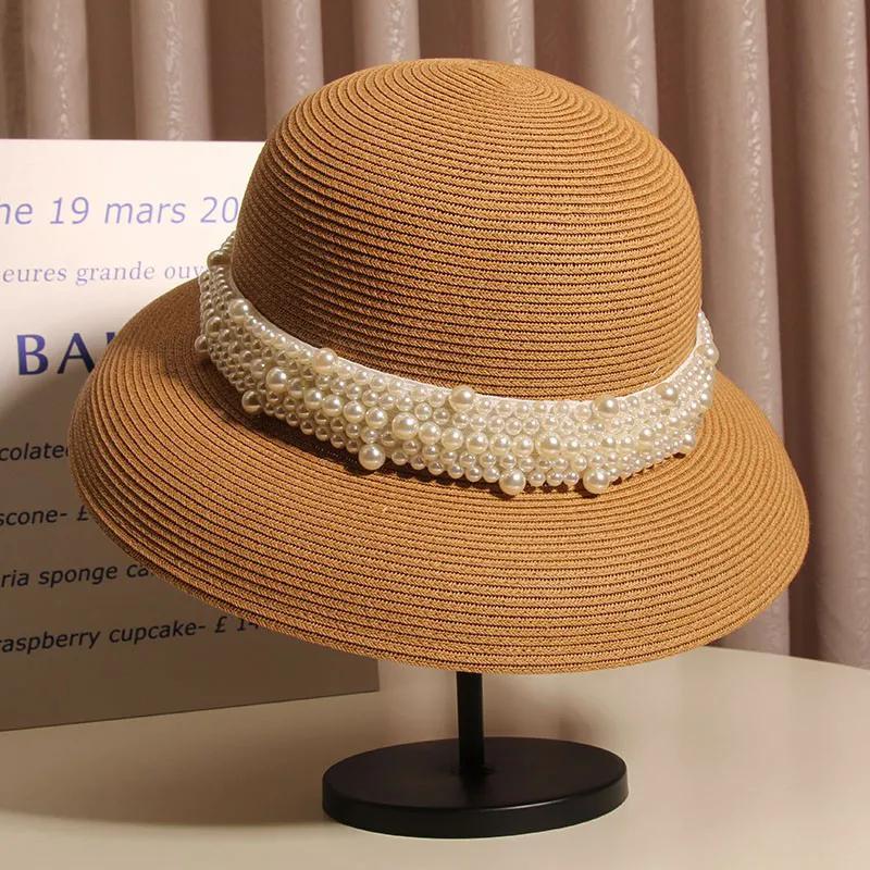 WTEMPO Women's Foldable Fashion Sun Protection Adjustable Cool Hats Solid Color Spring Summer Wide Brim Sun Hats with Pearls