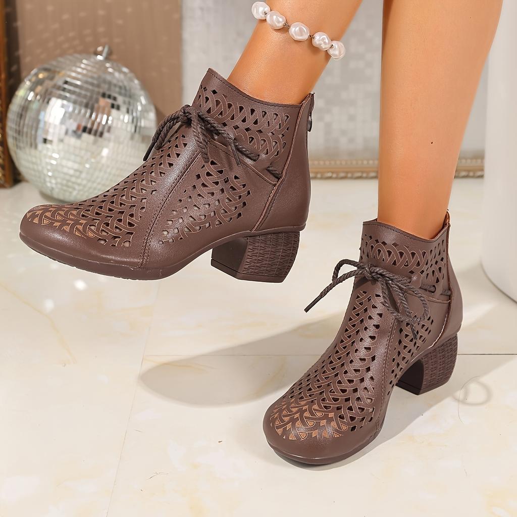 Women'S Breathable Cut-Out Chunky Heel Ankle Boots - Soft Synthetic Cover Round Toe Lace-Up Boots with Thick Rubber Sole for Casual & Formal Outfits