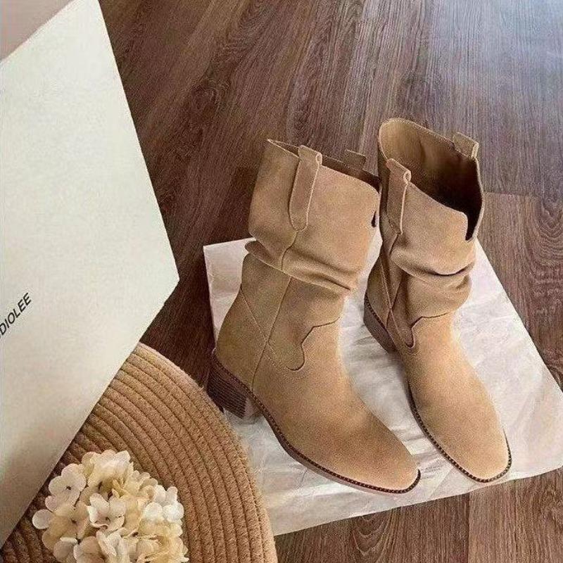 Autumn Good-looking and Thin Fashion Boots Retro Stacking Boots Thick Heel Medium Tube Martin Boots Western Cowboy Boots