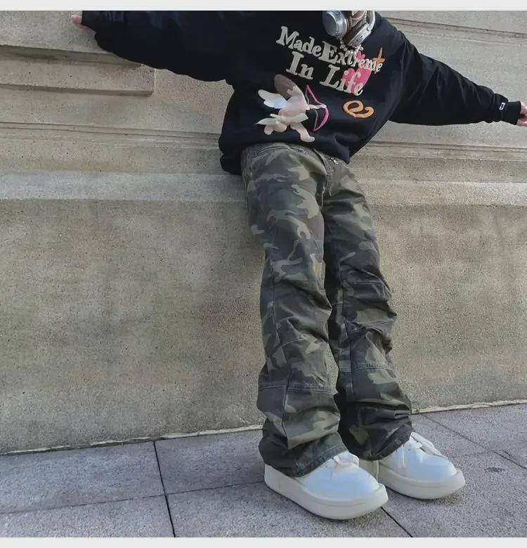 2023 High Waist Retro Military Green Camouflage Wide-Leg Jeans