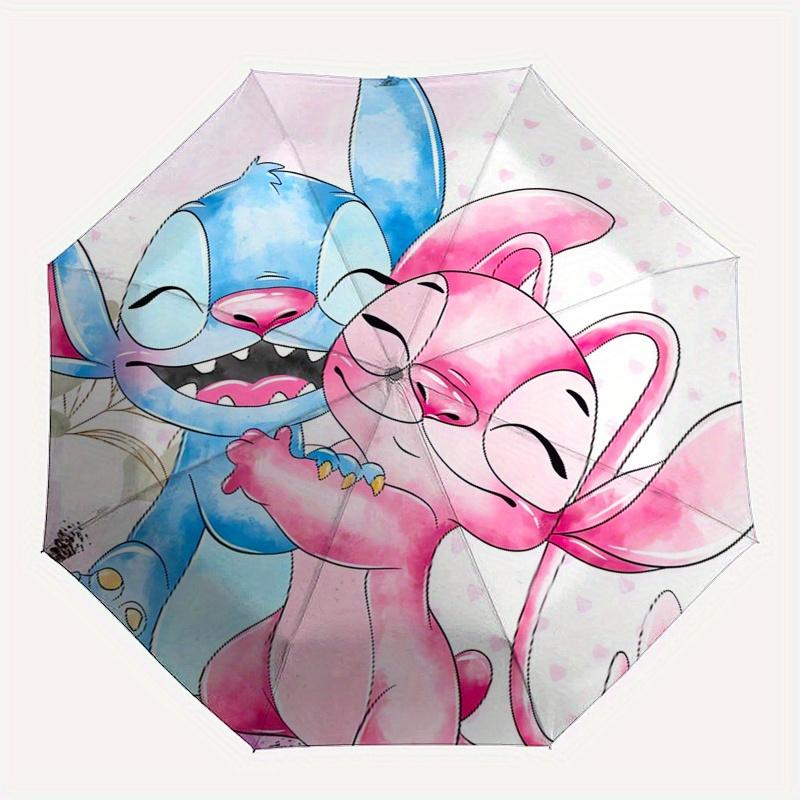 Stitch,Angel Automatic Folding Umbrella - Simple 8-Rib Design, Bright Cartoon Pattern, Durable Iron Frame, Suitable For Travel, Outdoor, Bea